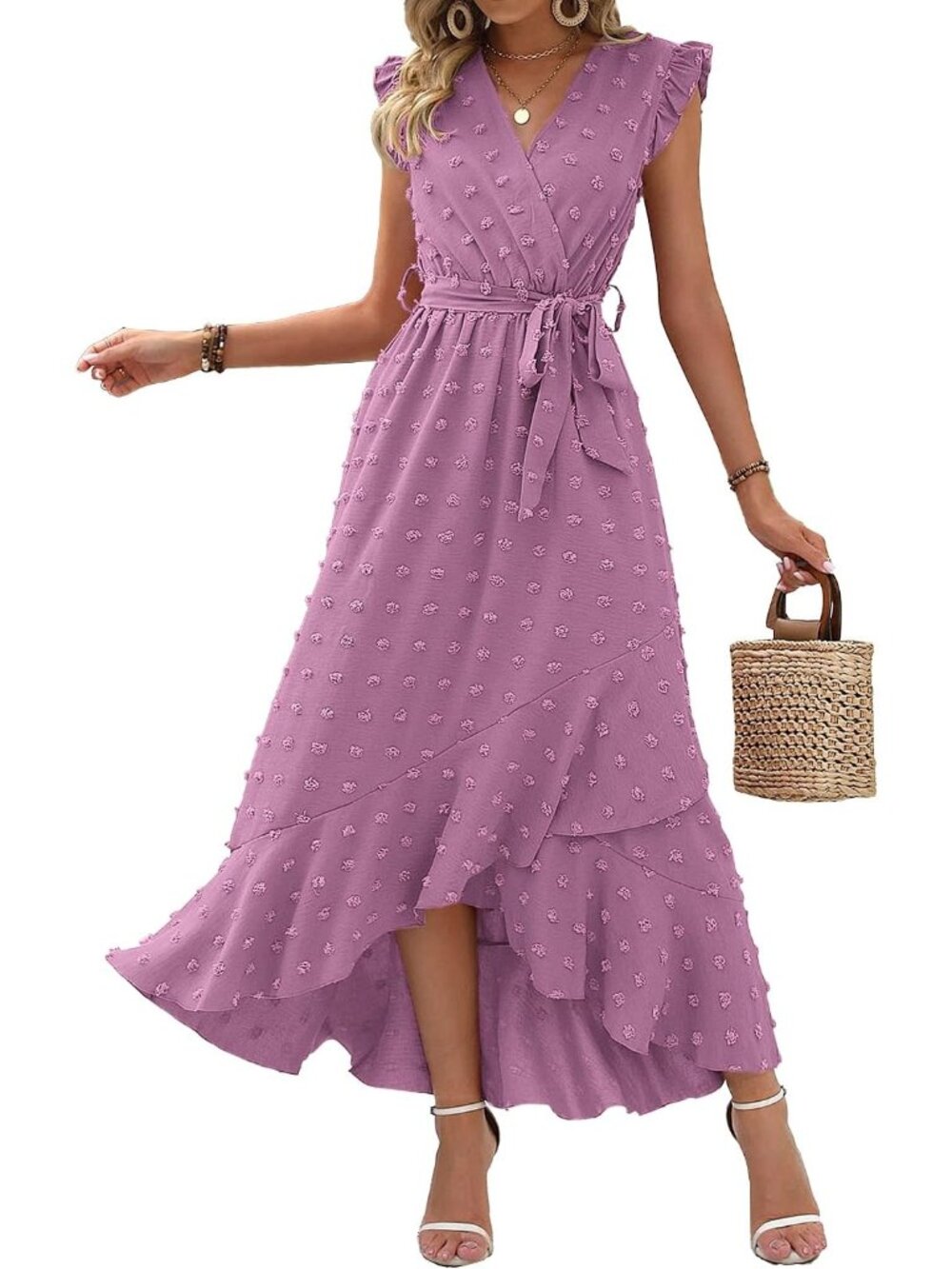 Women's Purple Swiss Dot Cap Sleeve V Neck Tie Waist Imported Causal Maxi Dress